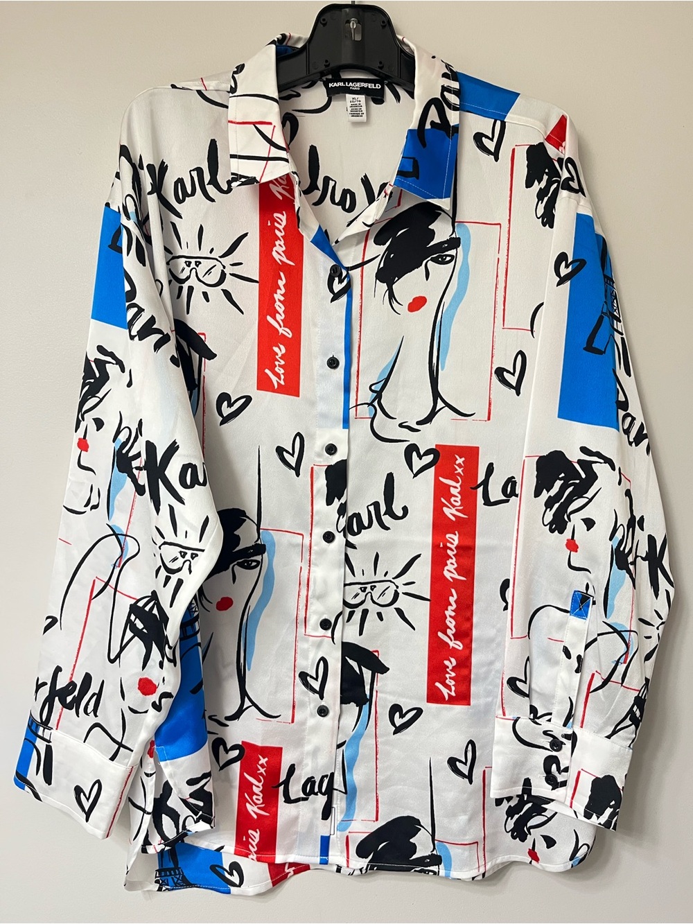 Karl Lagerfeld Women’s White Graphic Button-Up Shirt - Blue & Red Print XL